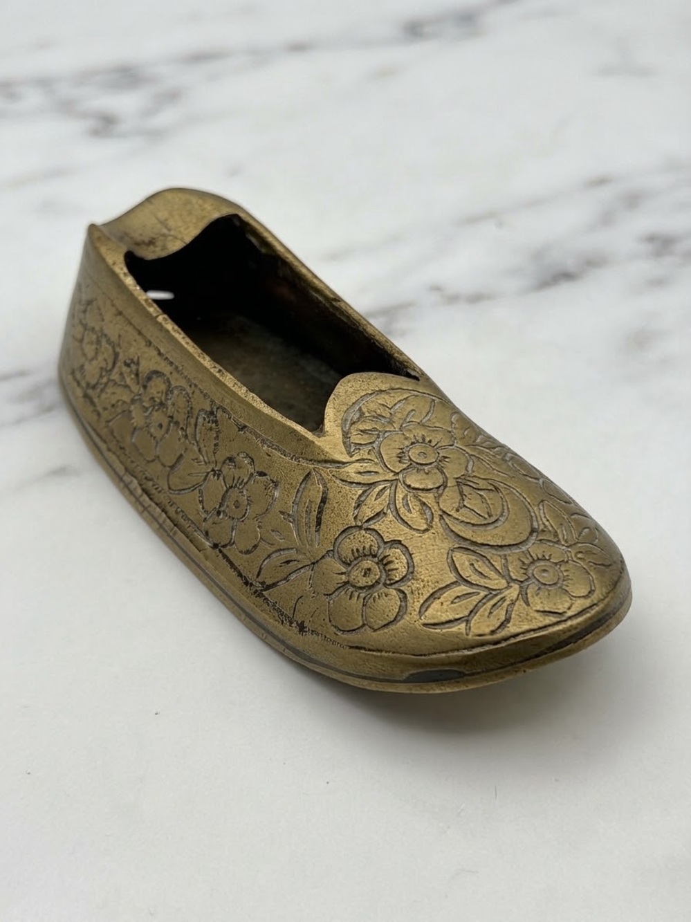 Vintage Brass Slipper Ashtray Hand Etched Ankara Turkey Mid Century Trinket Dish